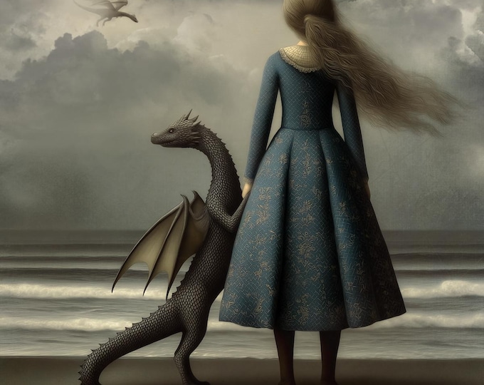 Signed ooak artist proof - Wednesday Morning - dragon, beach, girl, whimsical, fairytale, gothic