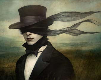 May include: A portrait of a person in a black top hat, blindfold, and formal wear. The person has pale skin and dark lipstick. Black fabric streams from the hat, set against a muted landscape with a field and sky.