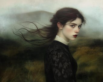May include: A portrait of a person with dark hair and fair skin, looking towards the viewer. The person wears a black dress with a white collar. The background shows a misty landscape with muted green and brown tones.