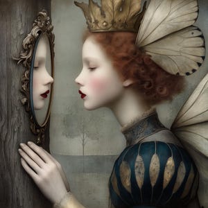 May include: An artistic depiction of a woman with red curly hair, wearing a gold crown and butterfly wings. She gazes at her reflection in an ornate mirror. The woman wears a blue and gold dress, with a soft, muted color palette.