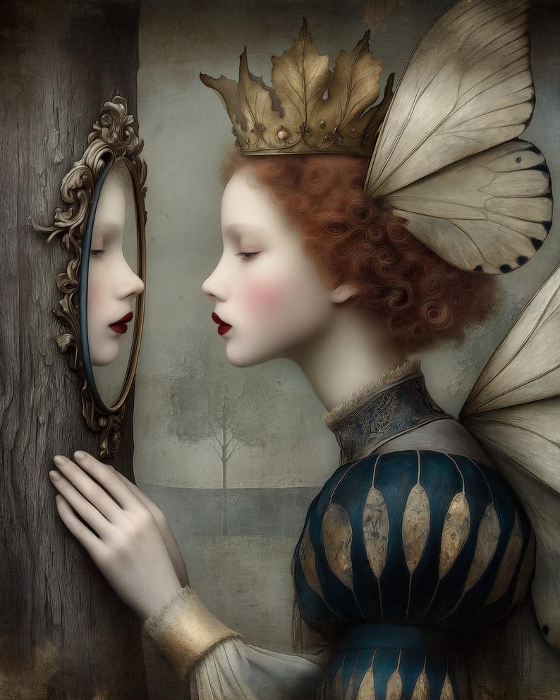 May include: An artistic depiction of a woman with red curly hair, wearing a gold crown and butterfly wings. She gazes at her reflection in an ornate mirror. The woman wears a blue and gold dress, with a soft, muted color palette.