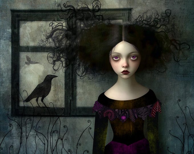 SIGNED NUMBERED GICLEE  "The Crow Window" gothic art print, Dark Academia Room Decor Halloween Raven Victorian Style Home