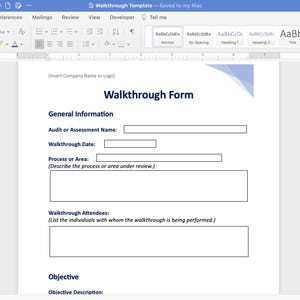 May include: A blank walkthrough form with the title "Walkthrough Form" and sections for general information, attendees, and objective description.