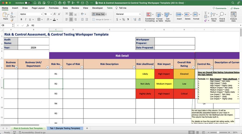 Risk Assessment, Risk Register, and Control Testing Template (excel) - Etsy