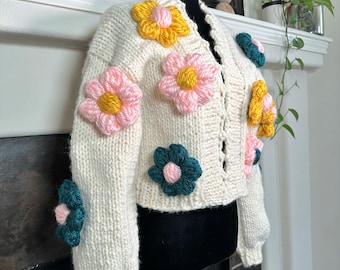 MakiNorma | Chunky Cardigan | Flower Knit Cardigan | Handmade Soft Floral Sweater | fluffy Cardigan | Multicolored Floral Sweater for women