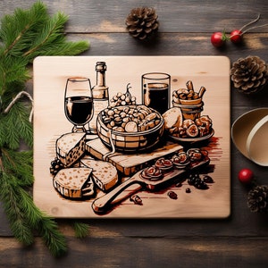 May include: A wooden cutting board with a hand-drawn illustration of a charcuterie board with cheese, olives, bread, wine, and beer. The illustration is in shades of brown, red, and white.