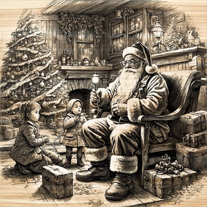 Hermoso viejo Papá Noel vintage con niños, escena navideña, preprocesado para quemado de luz, arte 3D con grabador láser, grabado navideño