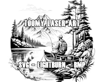 Puede incluir: Ilustración en blanco y negro de una persona pescando desde un bote en un lago. La escena está ambientada en un paisaje montañoso con árboles y rocas. El texto "TOOMY LASER ART" y "SVG - LIGHTBURN - BMP" está incluido en la imagen.