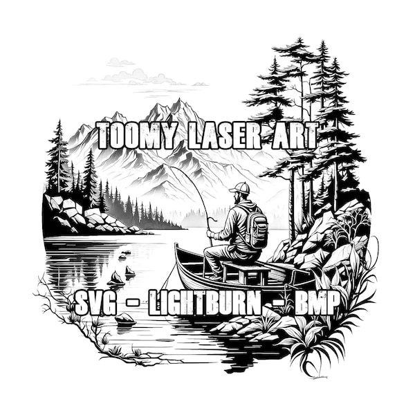Pêcheur sur bateau SVG | Art de la double gravure | Jpg, Svg, Lightburn Files, Beautiful Nature Logo avec lac et montagne