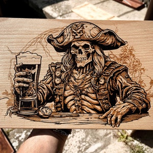 Skeleton Pirate Drinking Beer, Digital Download, Woodland Animal Design, DIY Crafting, Nature Inspired, Double Engraving Technique