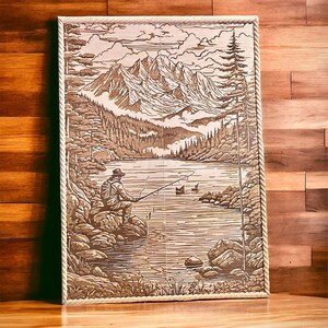 Fisherman Mountain, Huge Canvas, 840x600 mm, Double Engraving Art, Double Engraving Technique, SVG and Lightburn ready file