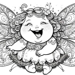 Può includere: Un disegno in bianco e nero di una fata paffuta con grandi ali, che indossa un vestito e un fiore nei capelli. Sta sorridendo a bocca aperta e con gli occhi chiusi.