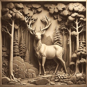 Herten in het bos, 3D-gravure, Wild Life Nature, Voorverwerkt voor lightburn, 3D-kunst met lasergraveur, Natuurscène