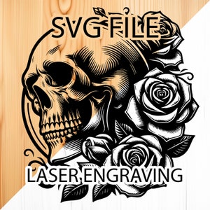May include: Black and white illustration of a skull with roses. The skull is facing to the left and has a detailed design. The roses are arranged around the skull and have a classic, vintage style.