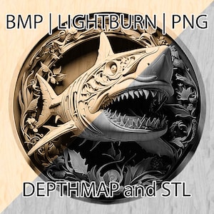 Shark Illusion Art 3D-gravure dieptekaart, Wild Life Nature, voor Lightburn, 3D-kunst met lasergraveur, fiberlaser, 3D-printer STL