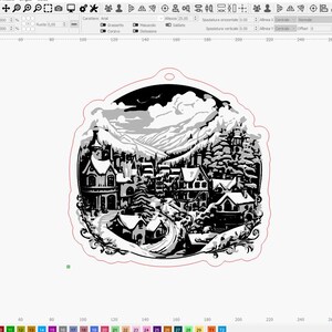 May include: Black and white illustration of a winter village scene with snow-covered houses and trees. The illustration is in the shape of a circle and has a white background.