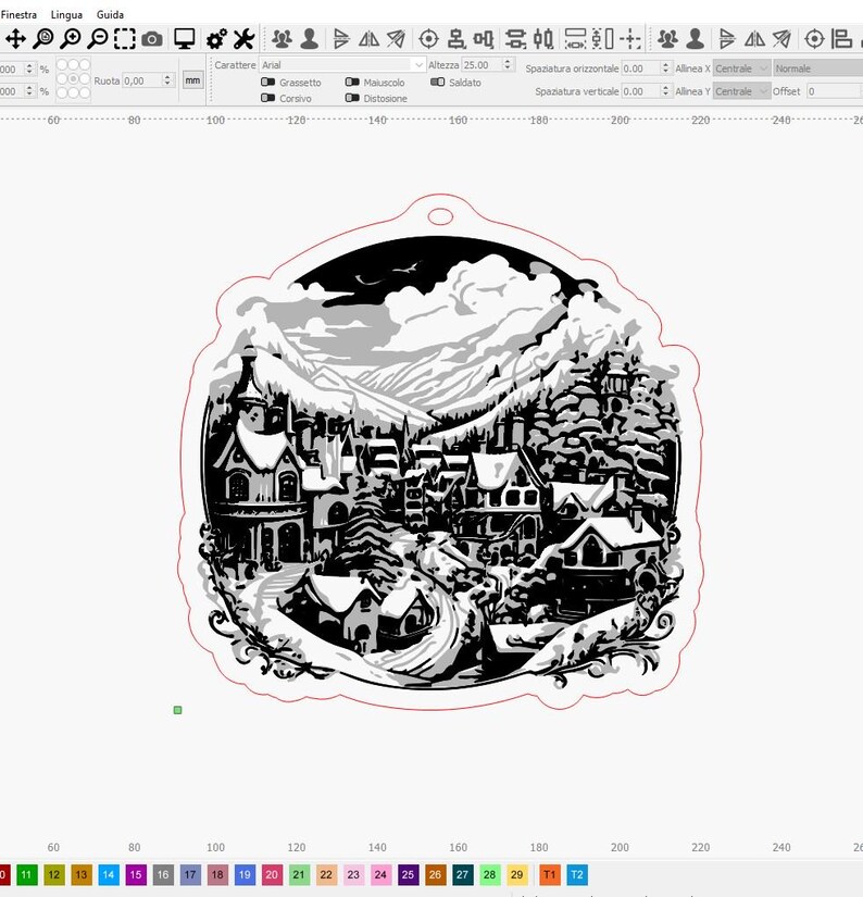 May include: Black and white illustration of a winter village scene with snow-covered houses and trees. The illustration is in the shape of a circle and has a white background.