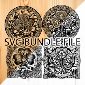 May include: Four black and white SVG designs featuring a shamrock, a leprechaun, and Celtic knotwork. The designs are perfect for St. Patrick's Day crafts and projects.