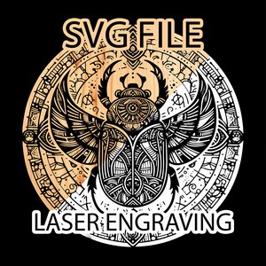 May include: Black and white line art illustration of a scarab beetle with wings, surrounded by a circular pattern. The image includes the text "SVG FILE" and "LASER ENGRAVING".