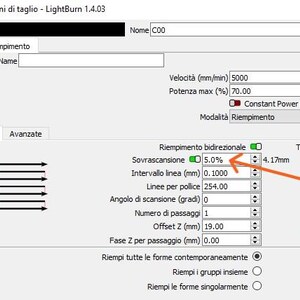 May include: A screenshot of a computer screen showing a LightBurn software interface for laser cutting. The interface has options for setting the speed, power, and other parameters for the laser cut. The image shows a setting for "Overscan" set to 5.0%.