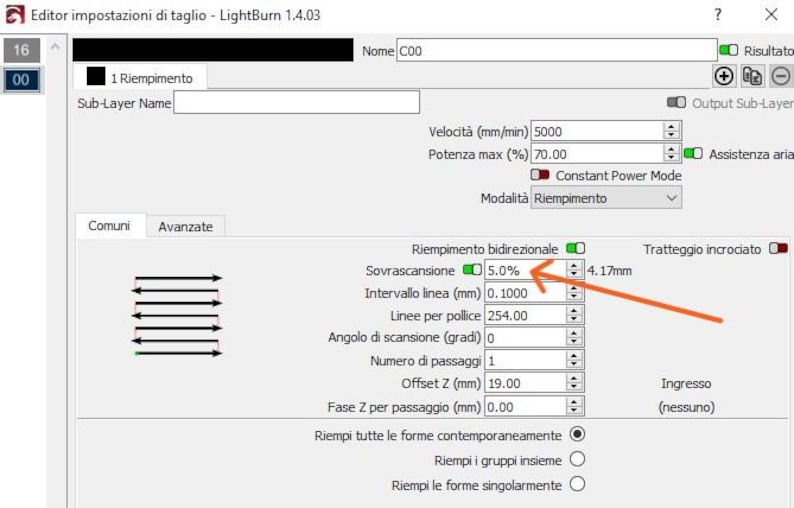 May include: A screenshot of a computer screen showing a LightBurn software interface for laser cutting. The interface has options for setting the speed, power, and other parameters for the laser cut. The image shows a setting for "Overscan" set to 5.0%.