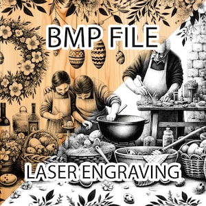 Puede incluir: Ilustración en blanco y negro de una familia cocinando, posiblemente para una festividad. El texto "BMP FILE" y "LASER ENGRAVING" es visible. Se ven cestas de huevos, ollas y elementos decorativos.