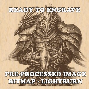 May include: A black and white digital illustration of a knight in armor holding a sword. The image is labeled "READY TO ENGRAVE" and "PRE-PROCESSED IMAGE BITMAP - LIGHTBURN".