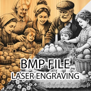 Puede incluir: Una ilustración en blanco y negro de una familia reunida alrededor de una mesa con una cesta de huevos, velas y vasos de agua. La imagen está etiquetada como "BMP FILE LASER ENGRAVING".