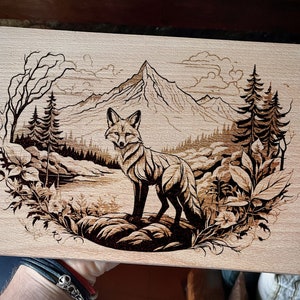 Fox in The Forest with Mountain in the background, Digital Download, Woodland Animal Design, DIY Crafting, Nature Inspired, Double Engraving