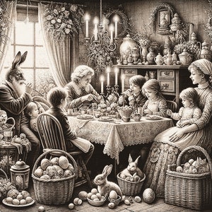 Può includere: Un'illustrazione in bianco e nero di una famiglia riunita attorno a un tavolo per una celebrazione pasquale. Il tavolo è apparecchiato con una tovaglia bianca e decorato con fiori. Ci sono cesti di uova di Pasqua sul pavimento e un coniglio seduto sul tavolo.