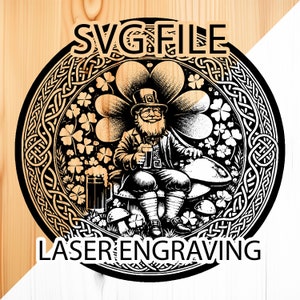 May include: Black and white illustration of a leprechaun sitting on a mushroom with a four-leaf clover behind him. The leprechaun is holding a mug of beer. The image is surrounded by a Celtic knot border. "SVG FILE LASER ENGRAVING" is written below the image.