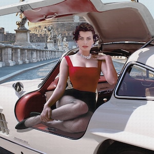 Automotive Fine Art Giclee prints, Mercedes, Gullwing, Sophia Loren, 1955