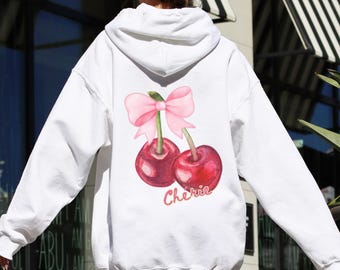 Coquette Cherry Hooded Sweatshirt Coquette Bow Sweatshirt French Shirt Red Cherries Preppy Clothes Paris France Sweatshirt Gift For Her