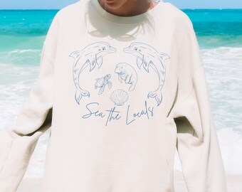 Ocean Animal Beach Sweatshirt Sea Turtle Manatee Sweatshirt Beach Sweatshirt Ocean Inspired Gift for Her Earth Day Preppy Surfer Girl