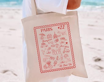 French Tote Bag Paris Theme Reusable Canvas Tote Bag Paris Lover Gift Destination Tote Bag Bridesmaid Gifts Zero Waste Famers Market Tote
