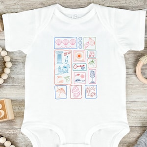 May include: White baby onesie with a colorful graphic print of Greek symbols and text, including "Greece" and "OPA!"
