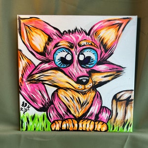Pink fox that glows under blue light  - Hand painted acrylic painting
