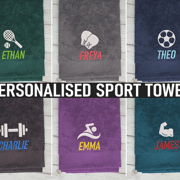 Personalised Sport Towel Embroidered Gym Hand Towel 100% Cotton Tennis Boxing Biceps Swimming Football Training Dumbbell Workout Gift Idea