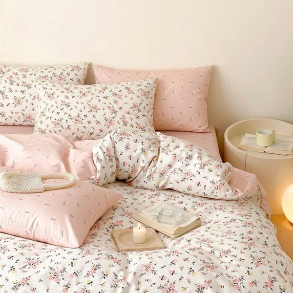 Copripiumino floreale grazioso in rosa e bianco floreale primavera estate 2024 biancheria da letto singola, doppia, king, biancheria da letto vintage superking