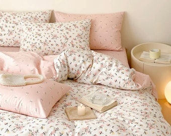 Hübsche in rosa und weißen Blumen Bettbezug Frühling Sommer 2024 Einzel-, Doppel-, König, Superking Vintage Bettbezug