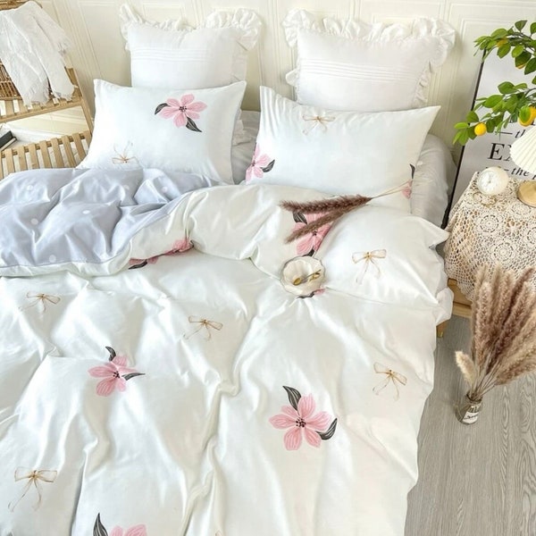 Pretty Pink and white floral duvet cover spring summer 2024 bedding single, double,king, superking vintage duvet bedding printed flowers