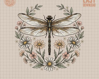 Dragonfly Daisy Floral PNG Digital Download, Whimsical Cottagecore Botanical Sublimation Design, Digital Art for Crafts