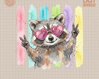 Watercolor Raccoon PNG | Cute Raccoon Digital Download with Heart Glasses Peace Signs | Animal Lover Sublimation Design