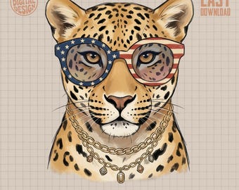 Patriotic Leopard PNG Digital Design with American Flag Glasses & Faux Gold Chains, Cool Animal Sublimation Art Print