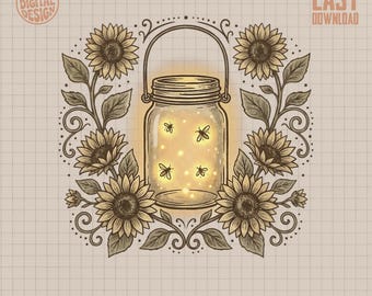Cottagecore Firefly Mason Jar PNG Design for Sublimation & Crafts | Whimsical Sunflower Digital Art for Nature Lovers