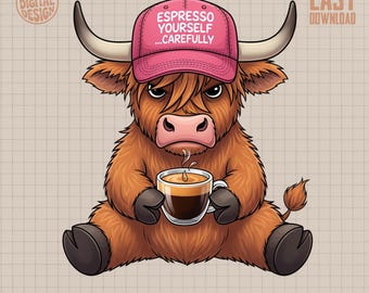 Cute Highland Cow Espresso Yourself PNG Digital Design for Coffee Lovers | Funny Farm Animal Sublimation Graphic for Mugs & Gifts