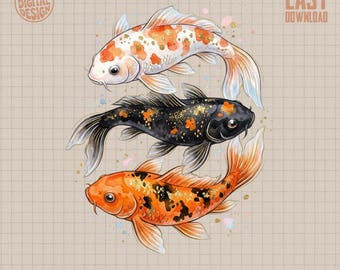 Koi Fish Watercolor Digital Download PNG | Japanese Art Gold Glitter Sublimation Design | Zen Nature Printable Craft File