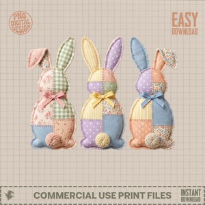 May include: Three decorative patchwork bunny figures in pastel colours. Each bunny features floral, polka dot, and gingham patterns, with a bow and pom-pom tail. The image includes the text "PNG DIGITAL DESIGN" and "COMMERCIAL USE PRINT FILES".