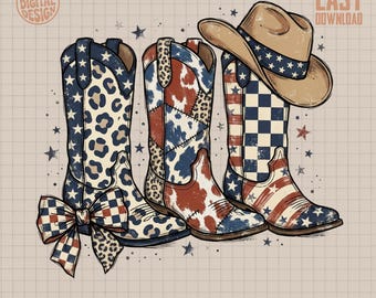 Patriotic Cowgirl Boots PNG, American Flag Western Digital Design, 4th of July Sublimation Art, USA Boots & Hat Clipart File