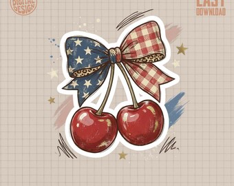 Patriotic Cherry PNG 4th of July Digital | Americana Sublimation Design | Rustic Country Bow Stars Gingham Leopard Instant Download